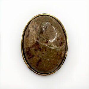 Vintage Brown Jasper Cabochon Brooch Pin Heavy Gemstone 1.75”
